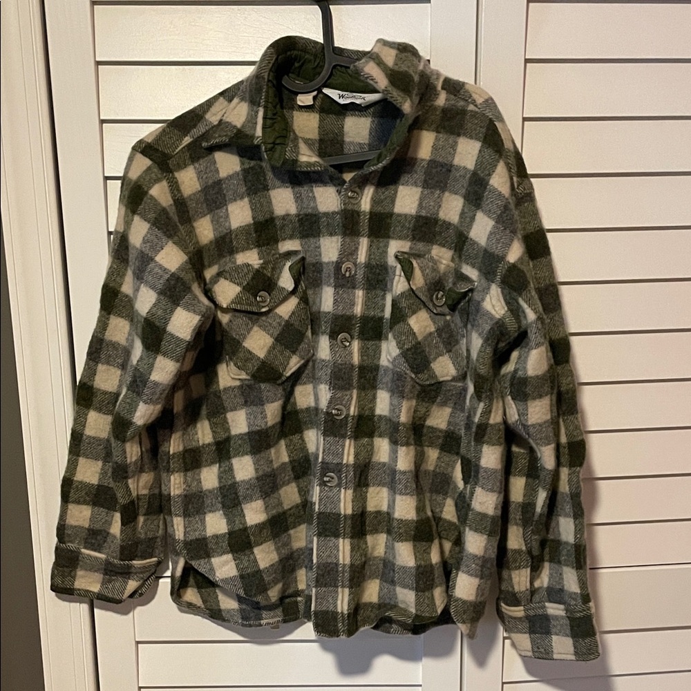 Woolrich Green Cream Wool Flannel Button Down Shirt Top Vintage